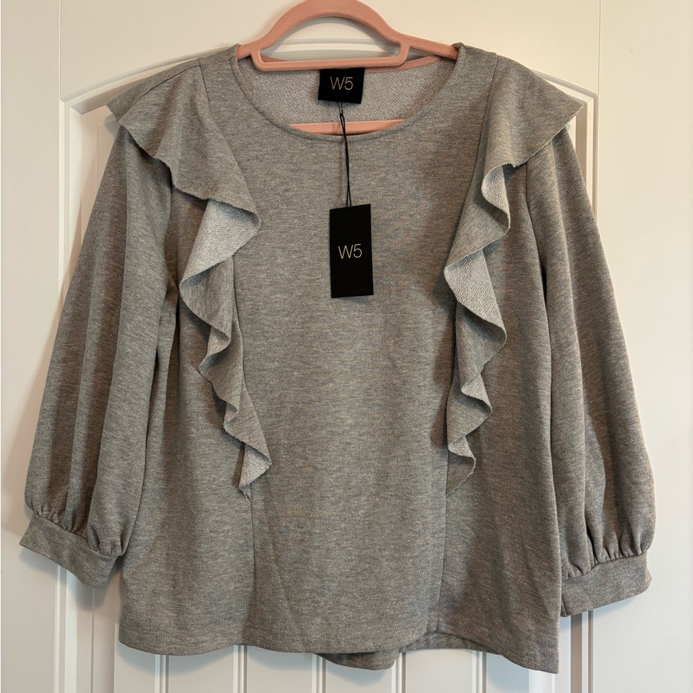 NWT- W5 by Anthropologie 3/4 Sleeve Gray Silver Sparkly Ruffle Top